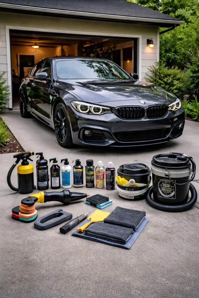 Best Car Care Kit Essentials Displayed Beside A Clean Modern Car